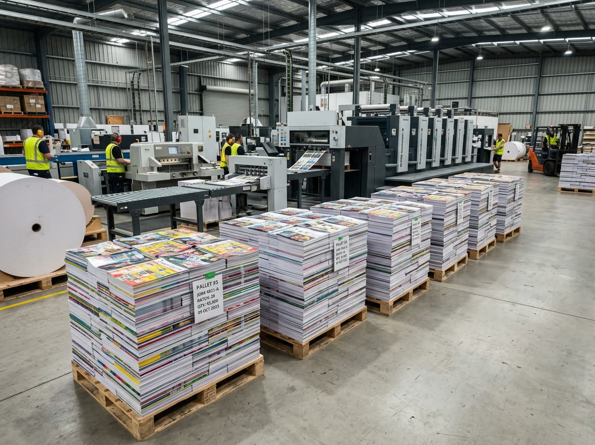 Industrial press handling a bulk printing run with palletized sheets