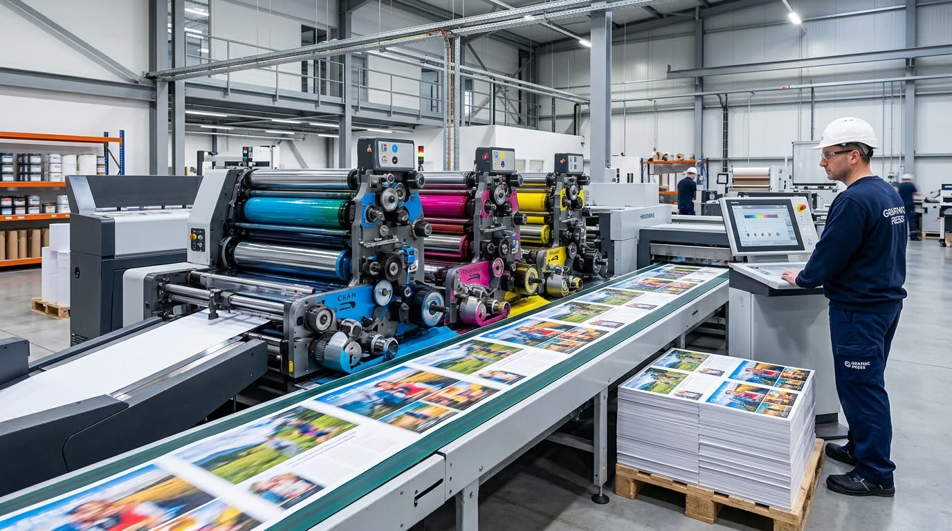 Modern industrial offset printing press producing high-volume colour print run