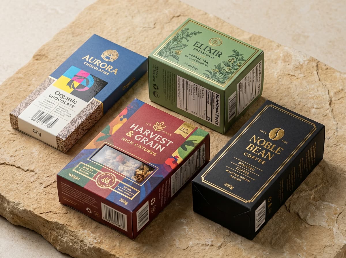Printed packaging with brand elements, product details and required information